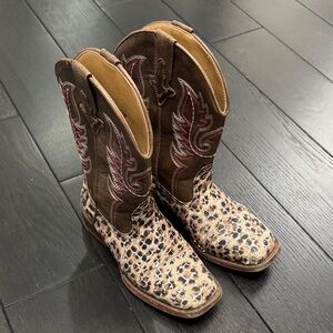 Roper Brown Leopard-Print Western Kids Boots with Pink Stitching